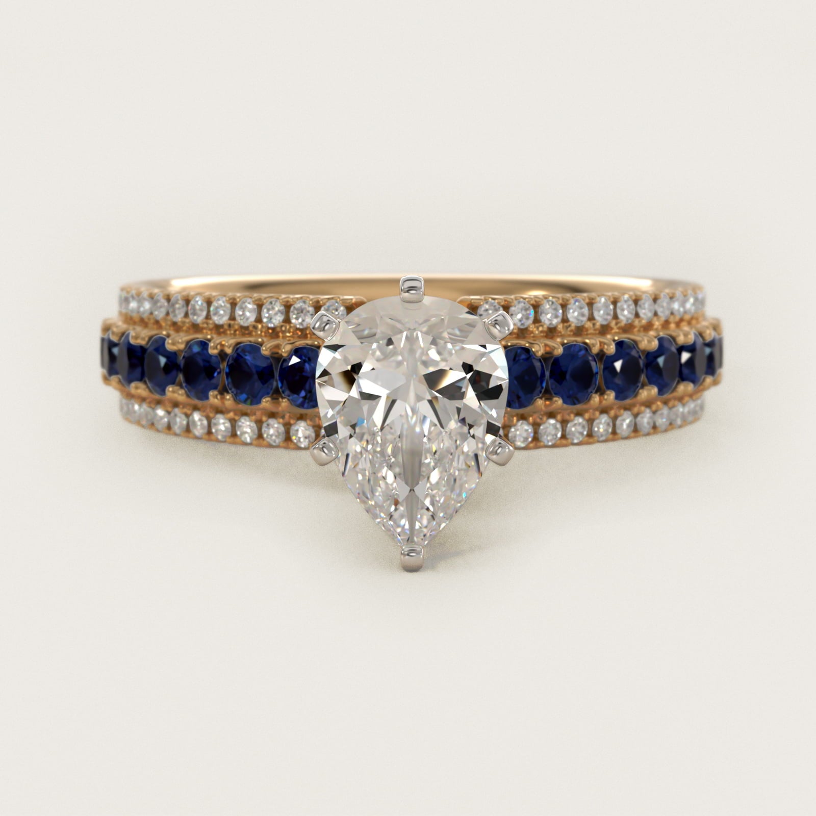 Three Row Sapphire and Diamond Engagement Ring in 14K Yellow Gold (1/4 ct. tw.) - Pear Center