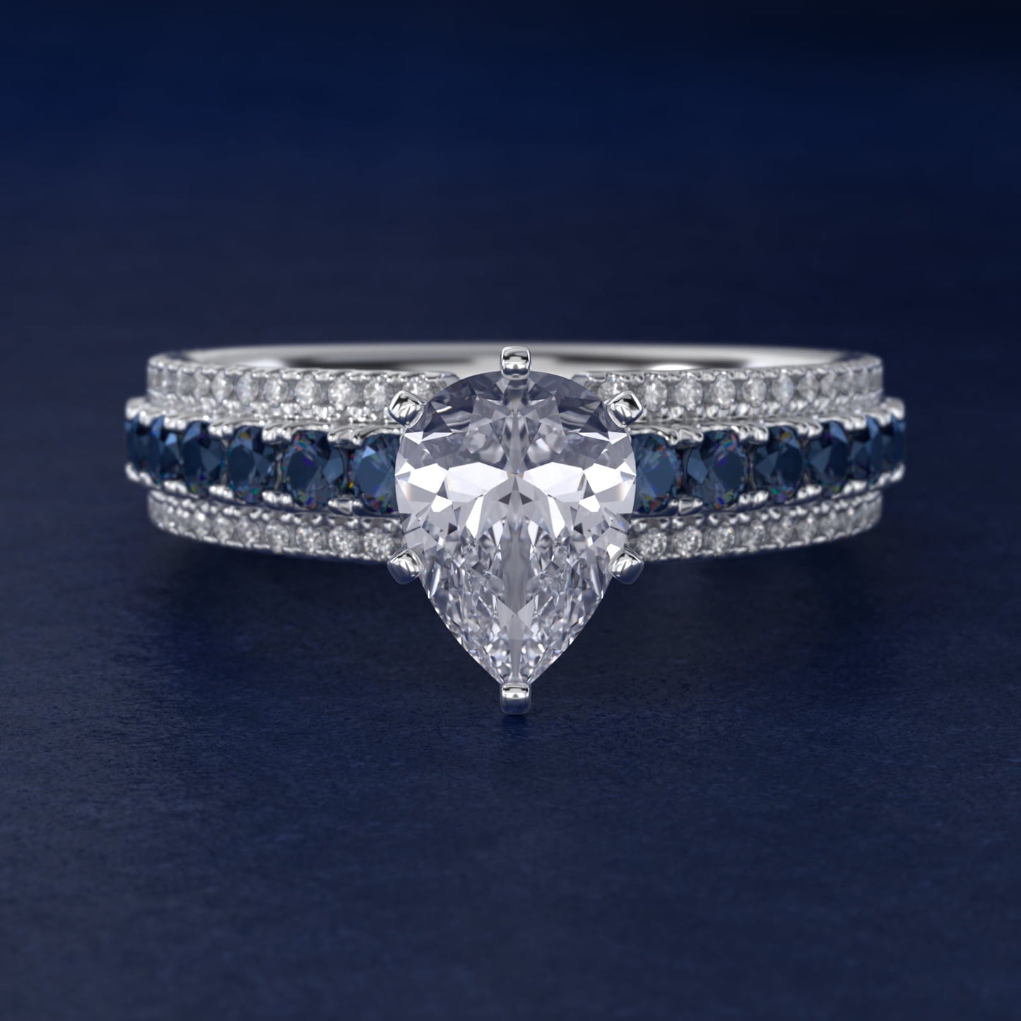 Three Row Sapphire and Diamond Engagement Ring in Platinum (1/4 ct. tw.) - Pear Center