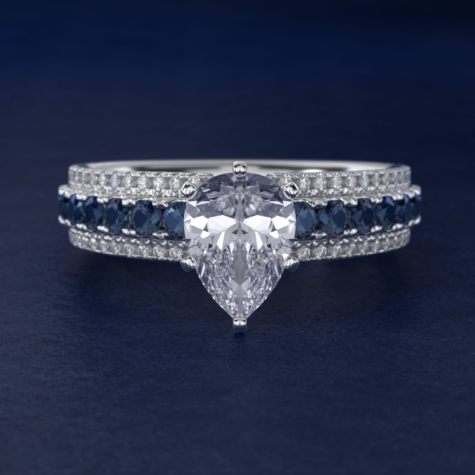 Three Row Sapphire and Diamond Engagement Ring in Platinum (1/4 ct. tw.) - Pear Center