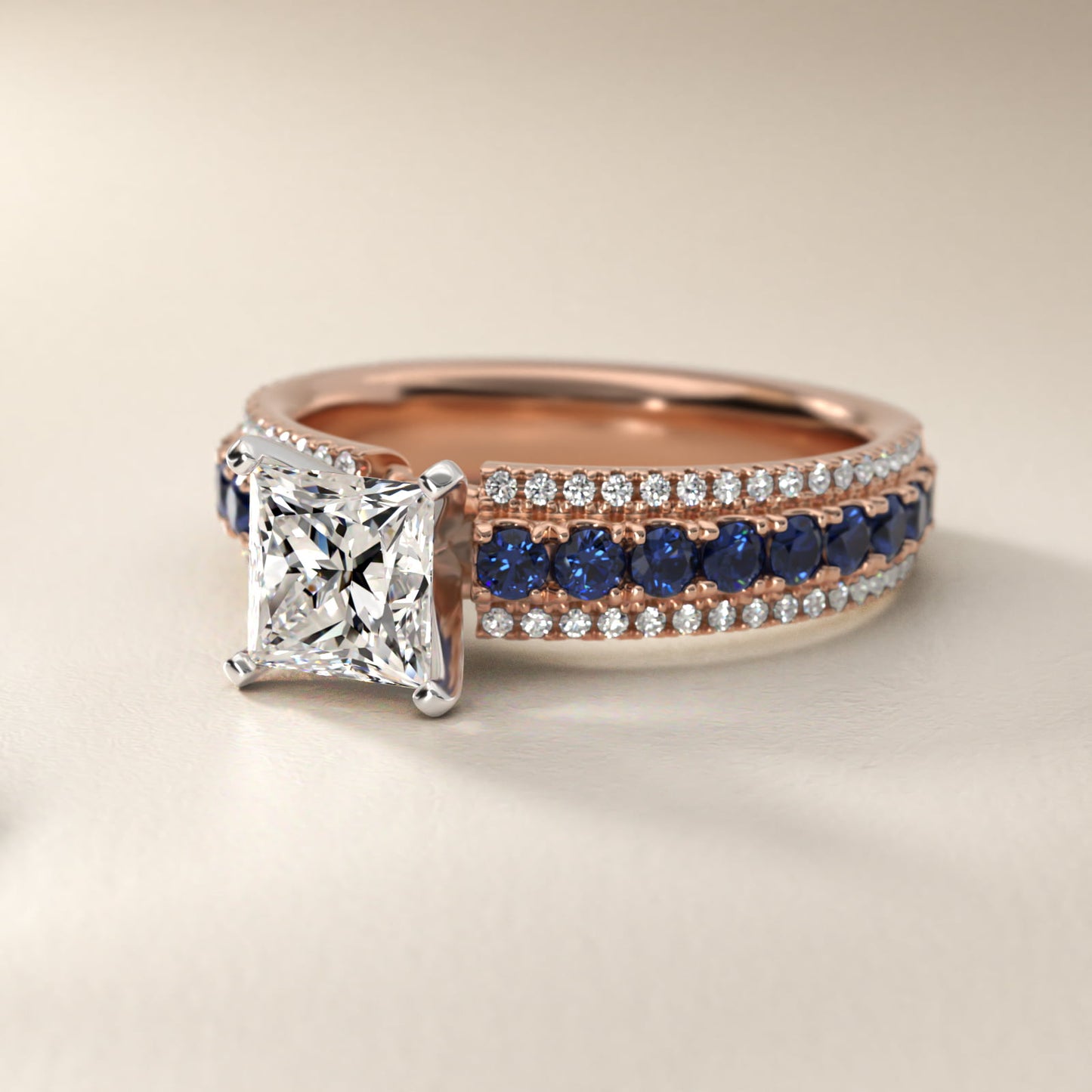 Three Row Sapphire and Diamond Engagement Ring in 18k Rose Gold (1/4 ct. tw.) - Princess Center