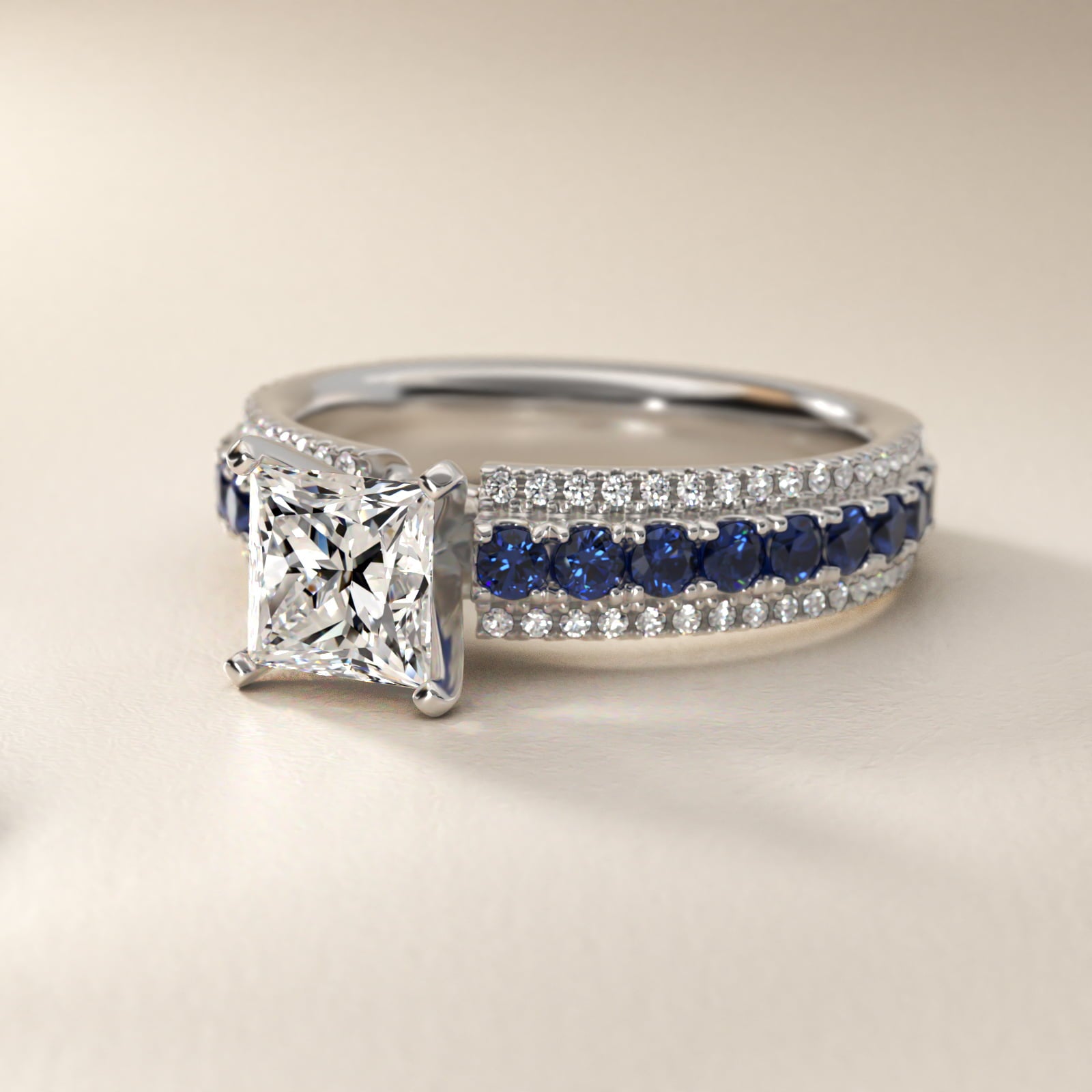 Three Row Sapphire and Diamond Engagement Ring in 14k White Gold (1/4 ct. tw.) - Princess Center