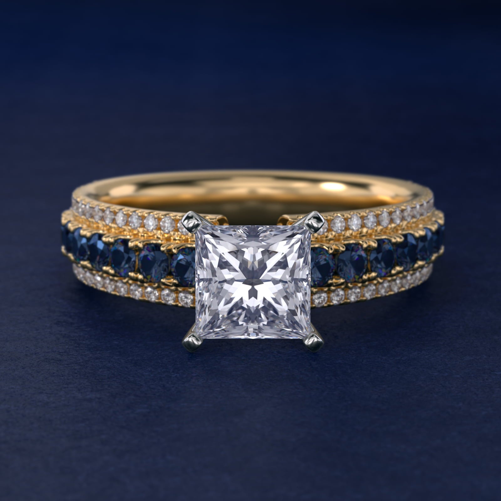 Three Row Sapphire and Diamond Engagement Ring in 18k Yellow Gold (1/4 ct. tw.) - Princess Center