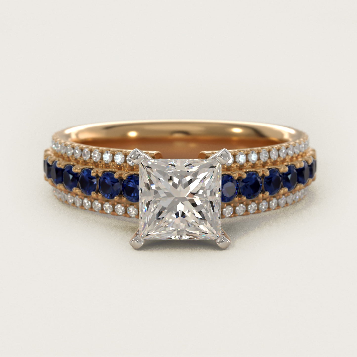 Three Row Sapphire and Diamond Engagement Ring in 14K Yellow Gold (1/4 ct. tw.) - Princess Center