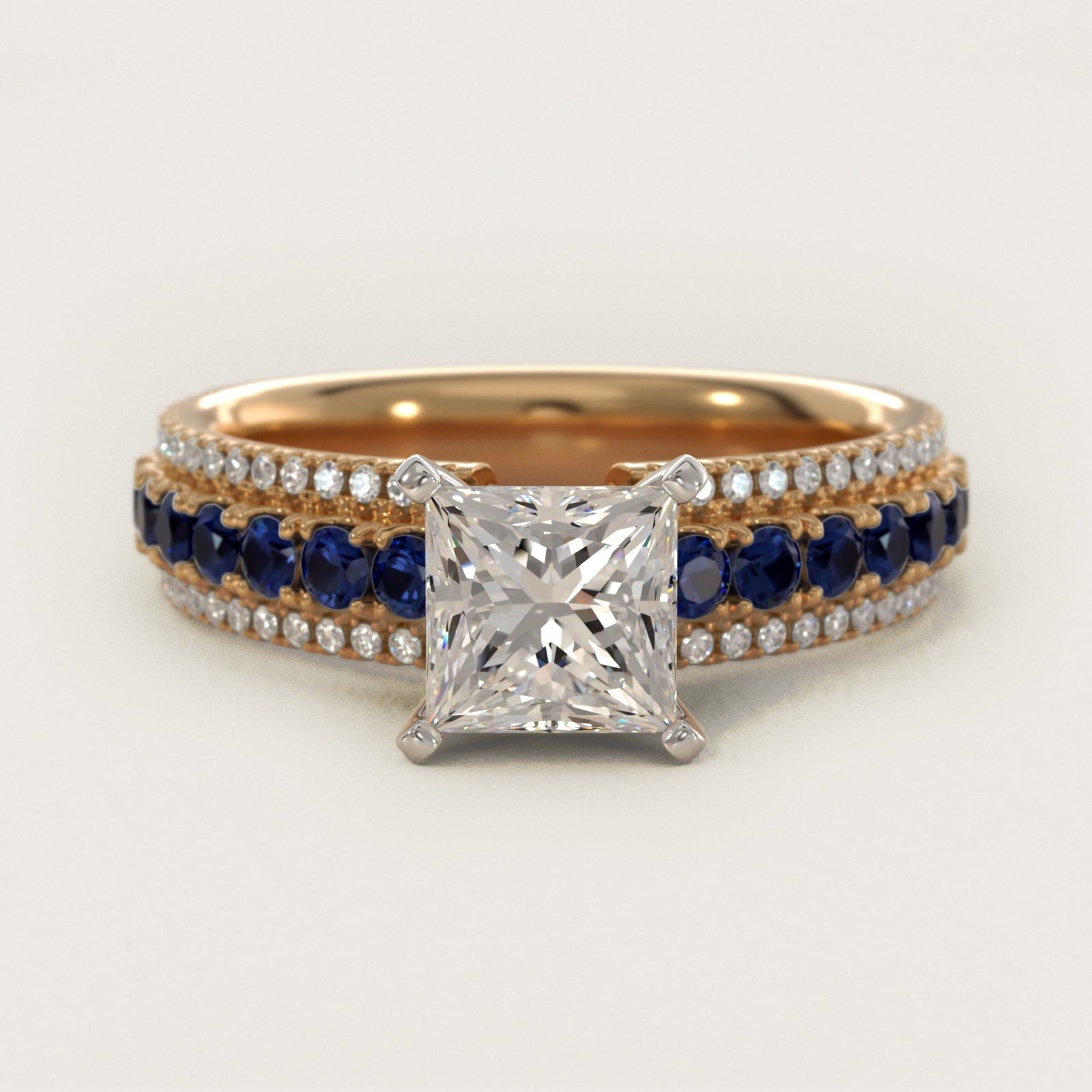 Three Row Sapphire and Diamond Engagement Ring in 18k Yellow Gold (1/4 ct. tw.) - Princess Center
