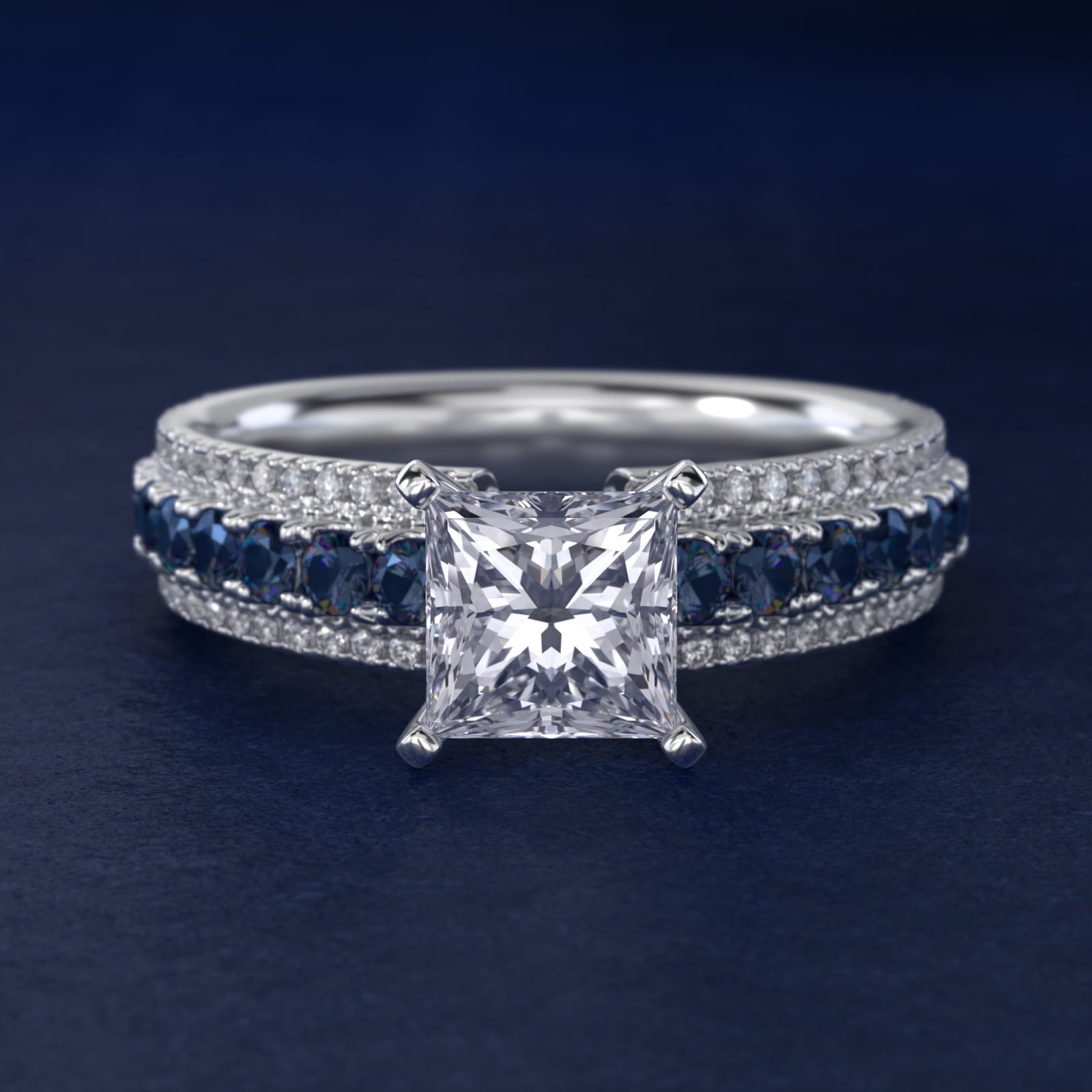 Three Row Sapphire and Diamond Engagement Ring in Platinum (1/4 ct. tw.) - Princess Center