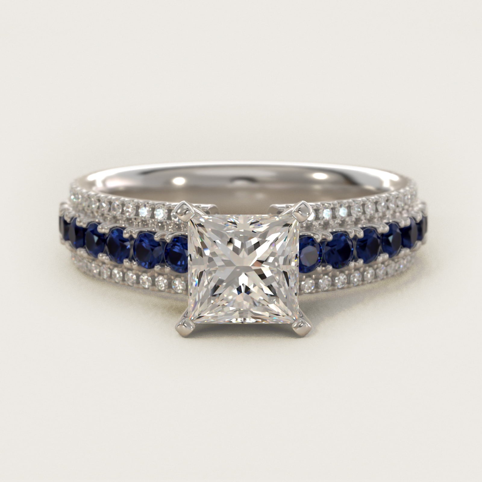 Three Row Sapphire and Diamond Engagement Ring in Platinum (1/4 ct. tw.) - Princess Center
