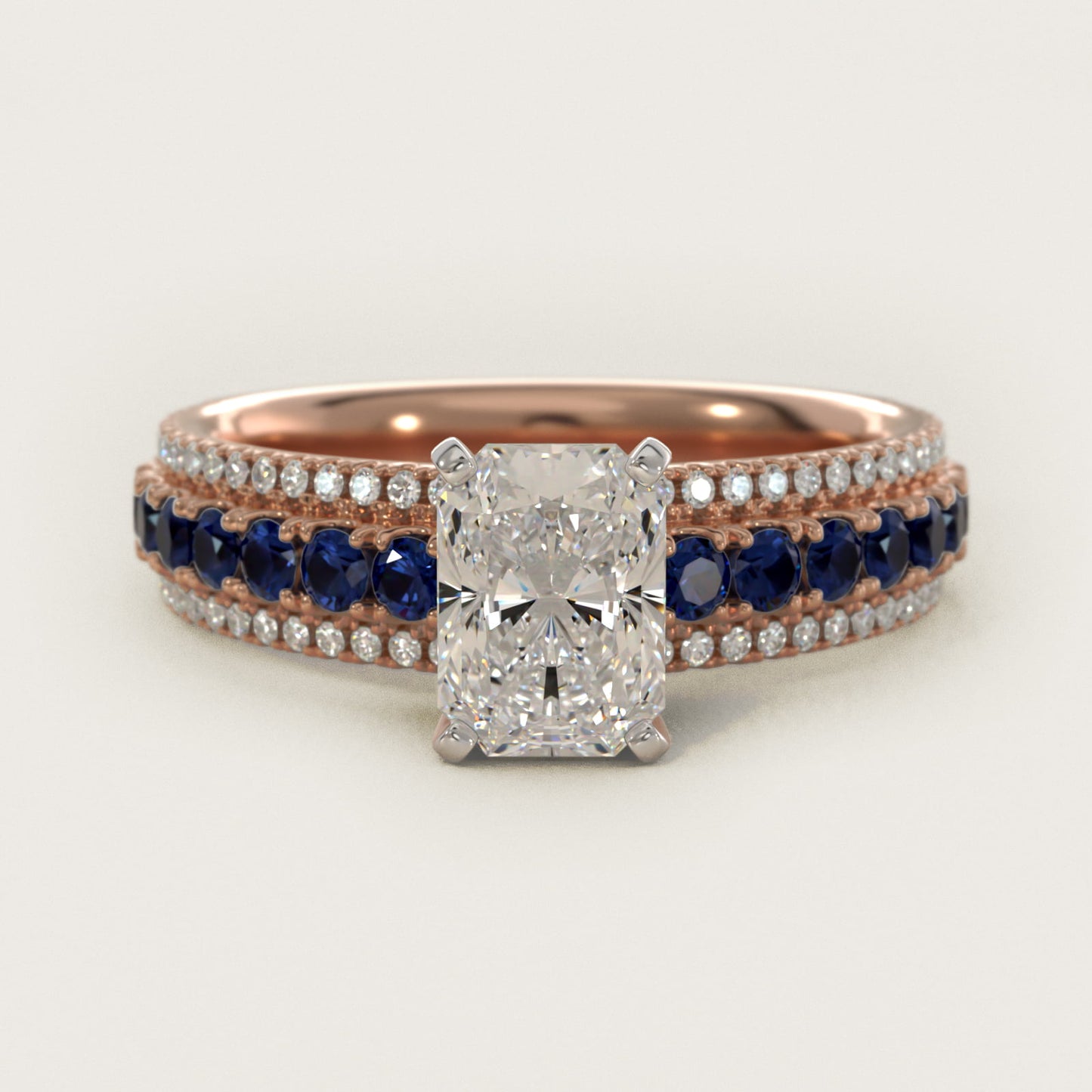 Three Row Sapphire and Diamond Engagement Ring in 18k Rose Gold (1/4 ct. tw.) - Radiant Center