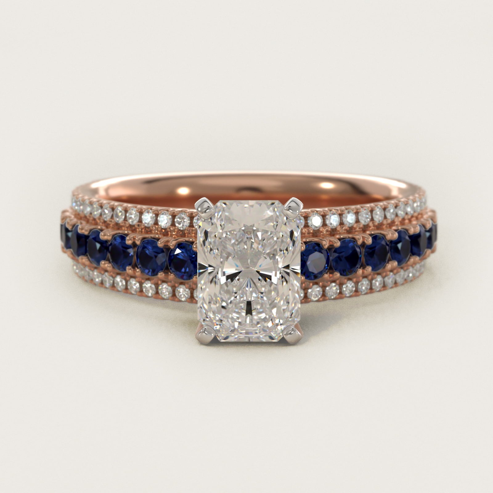 Three Row Sapphire and Diamond Engagement Ring in 18k Rose Gold (1/4 ct. tw.) - Radiant Center