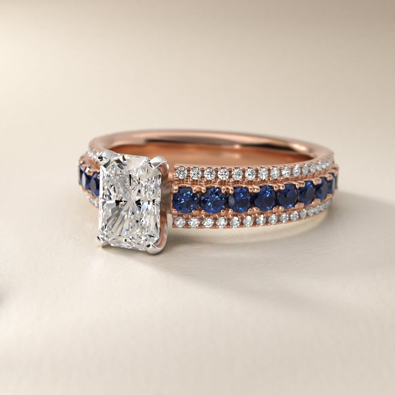 Three Row Sapphire and Diamond Engagement Ring in 14k Rose Gold (1/4 ct. tw.) - Radiant Center