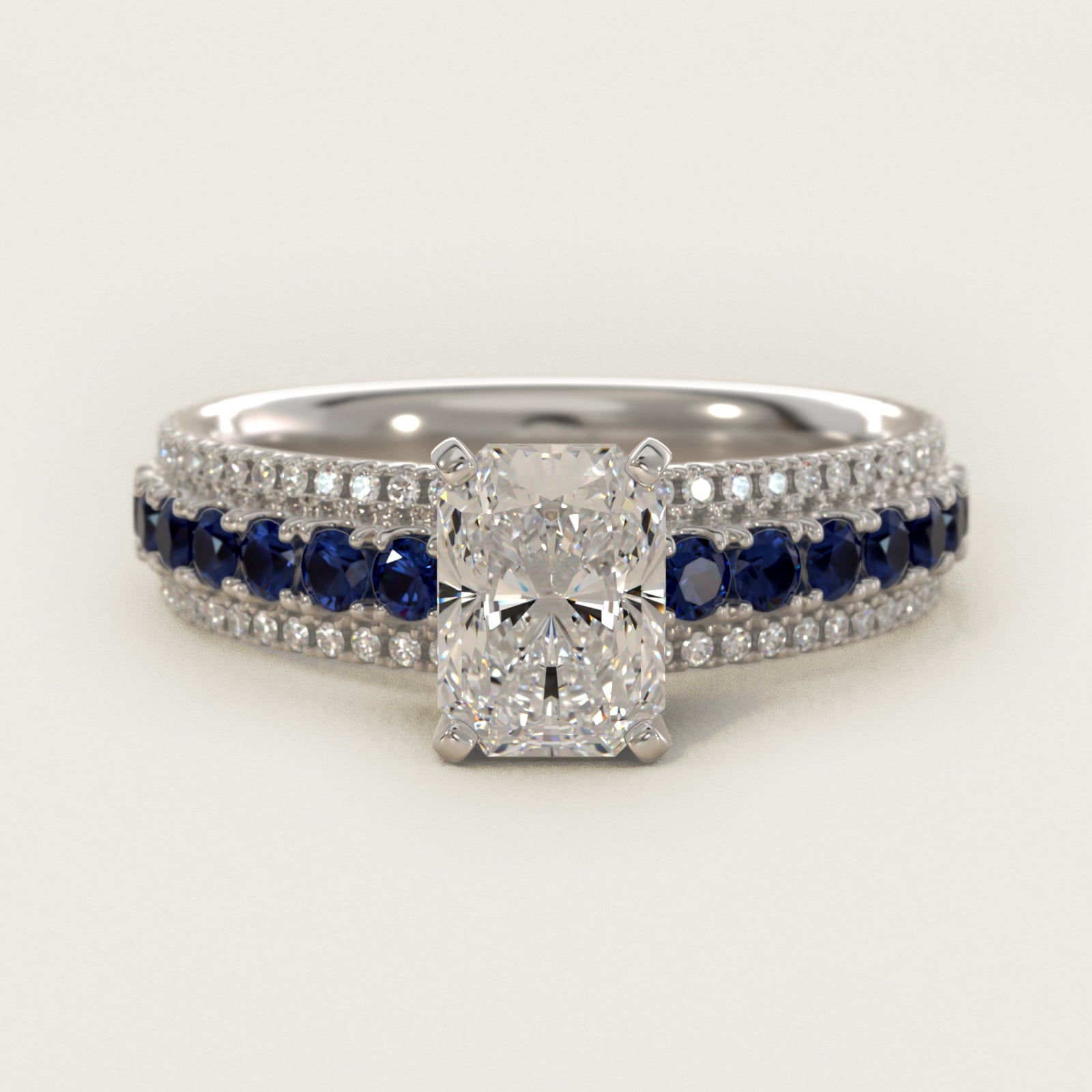 Three Row Sapphire and Diamond Engagement Ring in 14k White Gold (1/4 ct. tw.) - Radiant Center