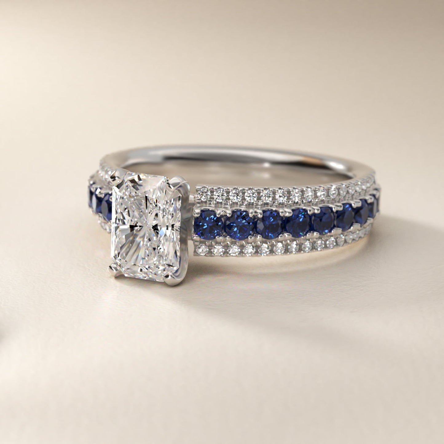 Three Row Sapphire and Diamond Engagement Ring in 18k White Gold (1/4 ct. tw.) - Radiant Center