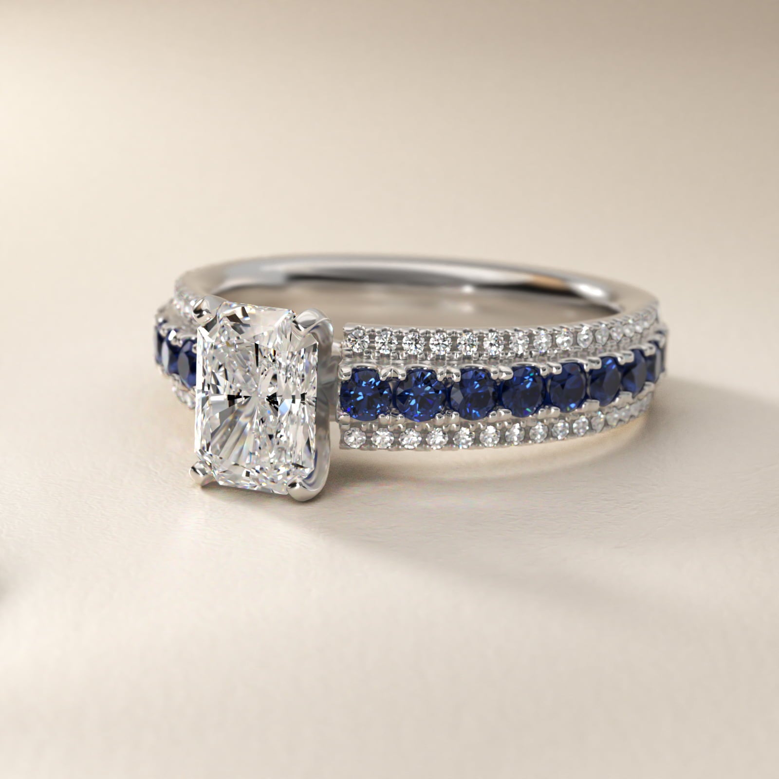 Three Row Sapphire and Diamond Engagement Ring in 18k White Gold (1/4 ct. tw.) - Radiant Center