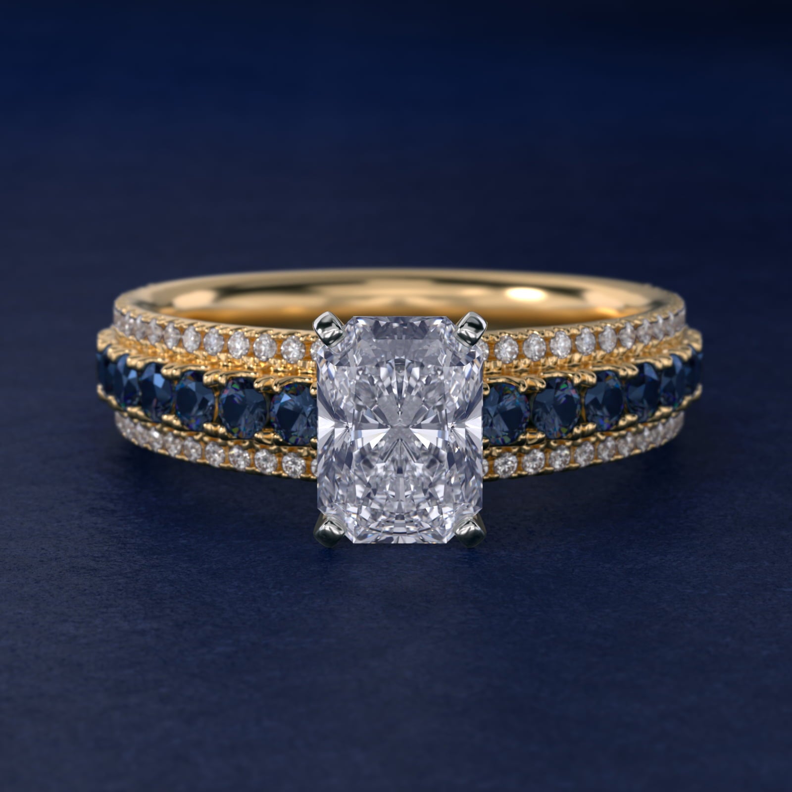 Three Row Sapphire and Diamond Engagement Ring in 14K Yellow Gold (1/4 ct. tw.) - Radiant Center