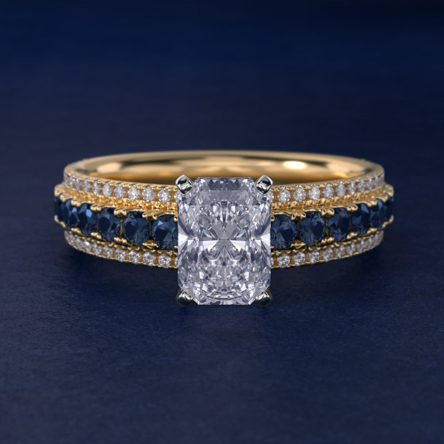 Three Row Sapphire and Diamond Engagement Ring in 18k Yellow Gold (1/4 ct. tw.) - Radiant Center