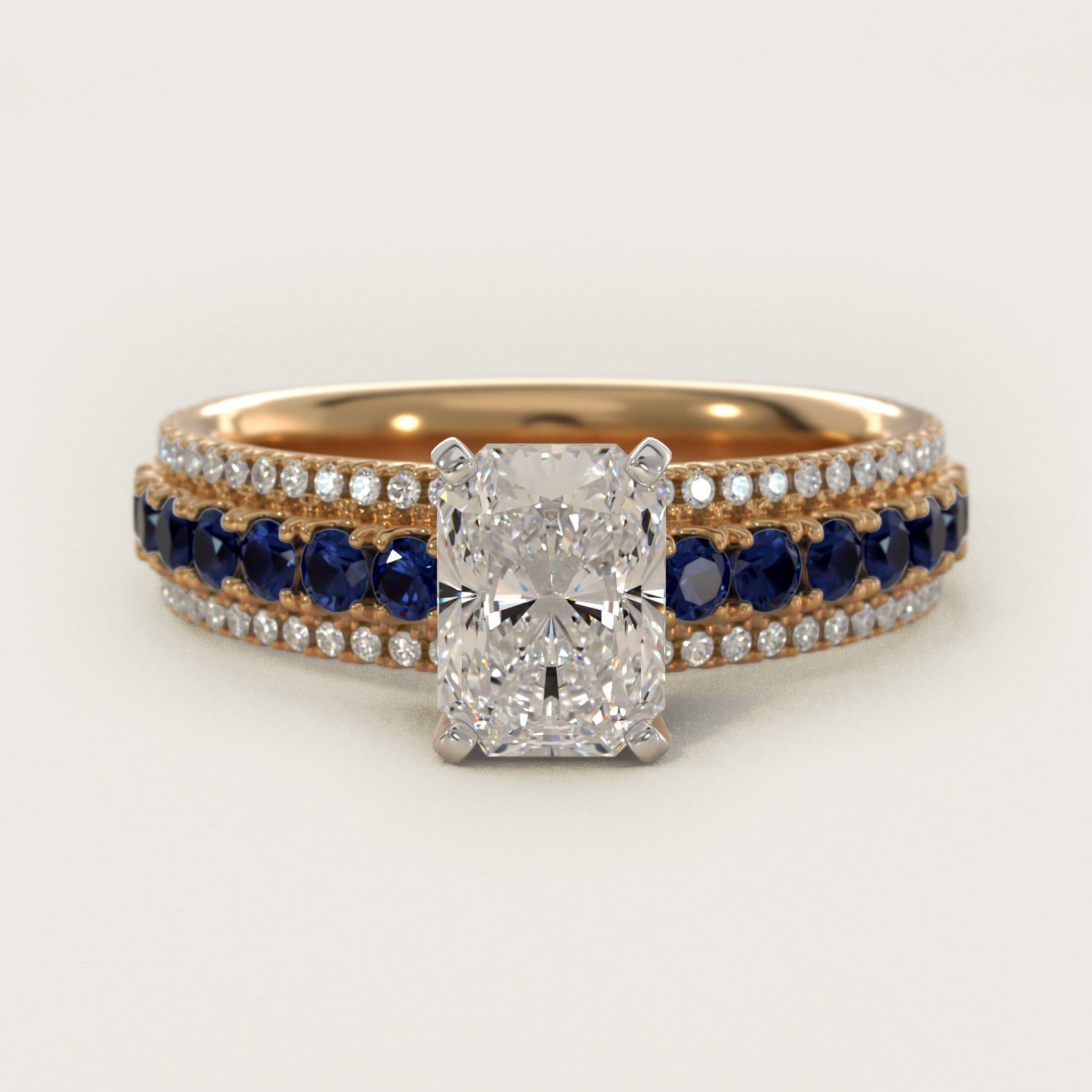 Three Row Sapphire and Diamond Engagement Ring in 14K Yellow Gold (1/4 ct. tw.) - Radiant Center