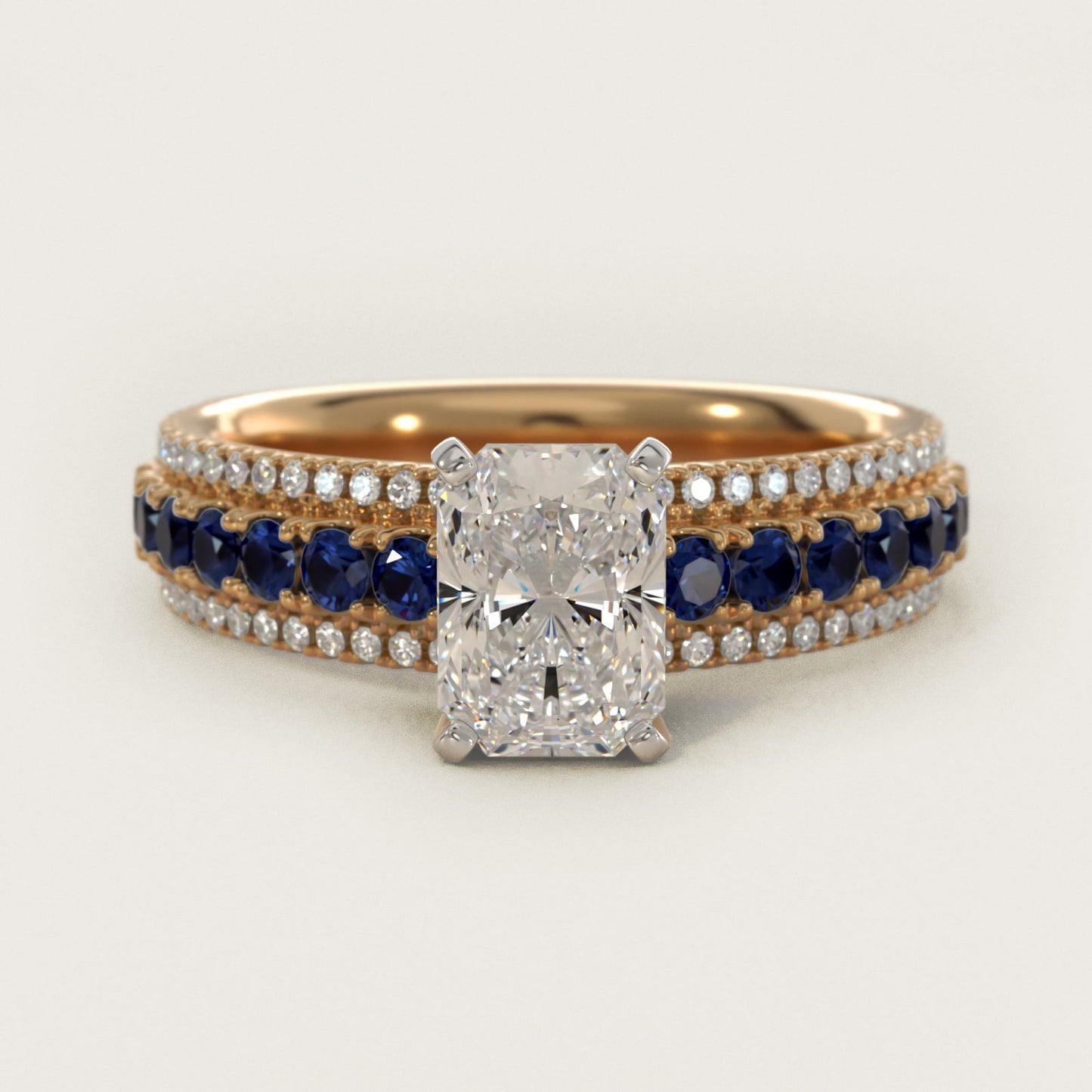 Three Row Sapphire and Diamond Engagement Ring in 18k Yellow Gold (1/4 ct. tw.) - Radiant Center