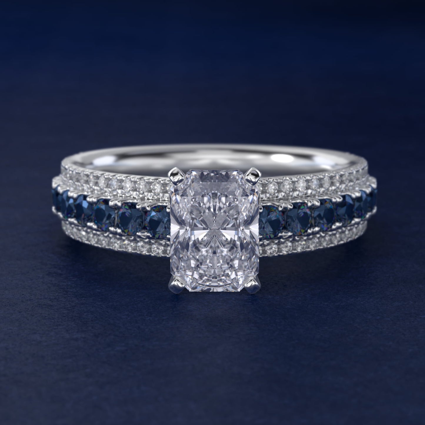 Three Row Sapphire and Diamond Engagement Ring in Platinum (1/4 ct. tw.) - Radiant Center