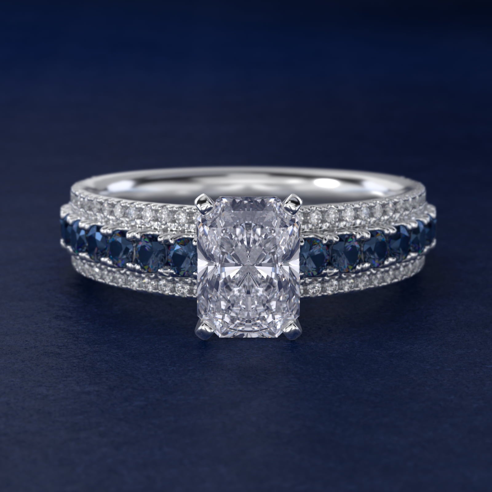 Three Row Sapphire and Diamond Engagement Ring in Platinum (1/4 ct. tw.) - Radiant Center