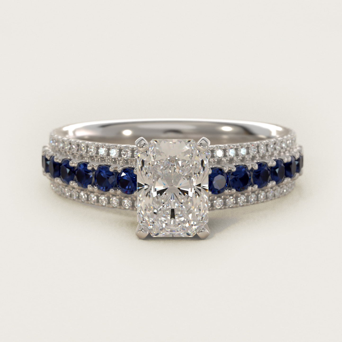 Three Row Sapphire and Diamond Engagement Ring in Platinum (1/4 ct. tw.) - Radiant Center