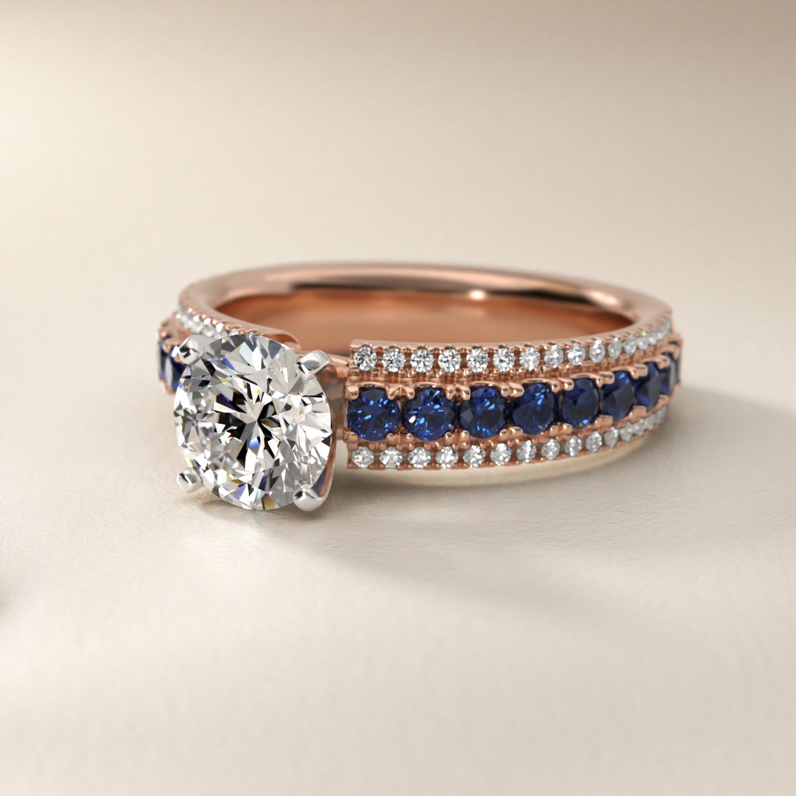 Three Row Sapphire and Diamond Engagement Ring in 14k Rose Gold (1/4 ct. tw.) - Round Center