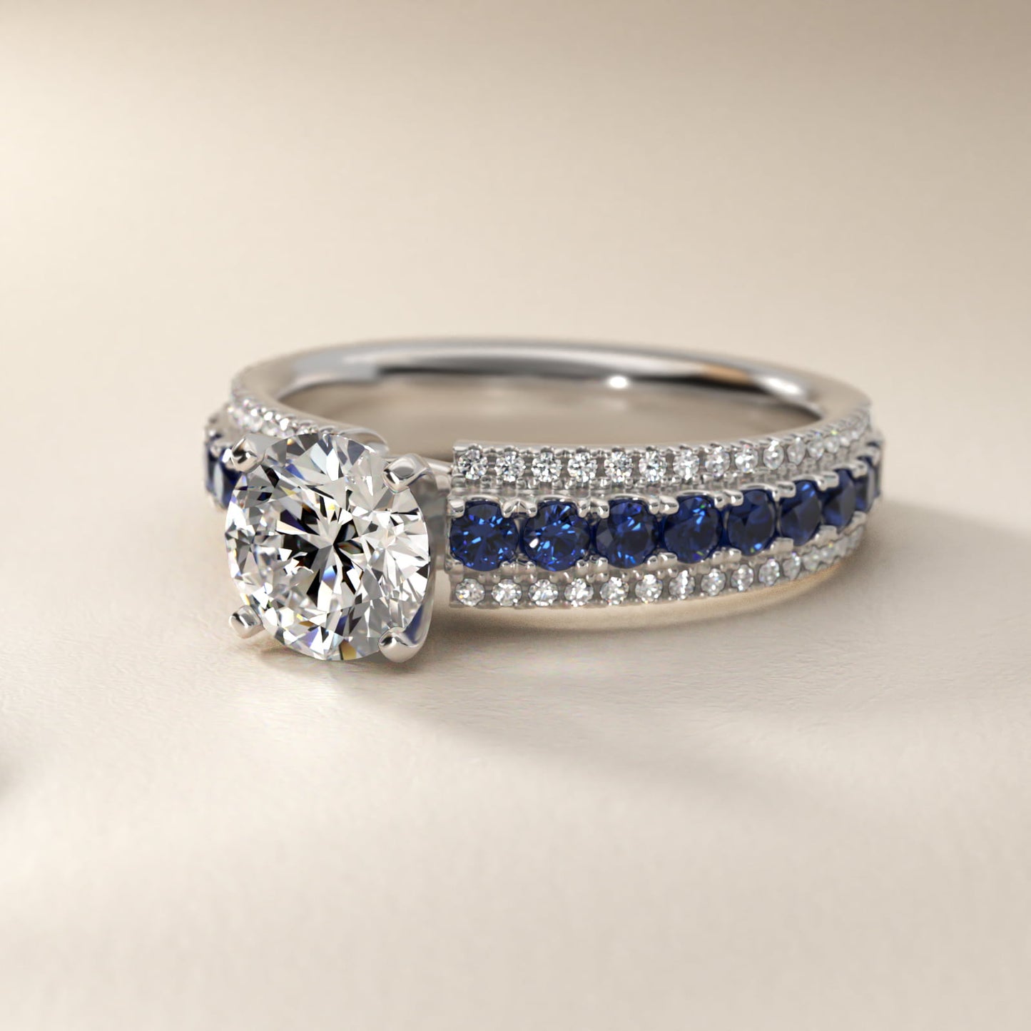 Three Row Sapphire and Diamond Engagement Ring in 18k White Gold (1/4 ct. tw.) - Round Center