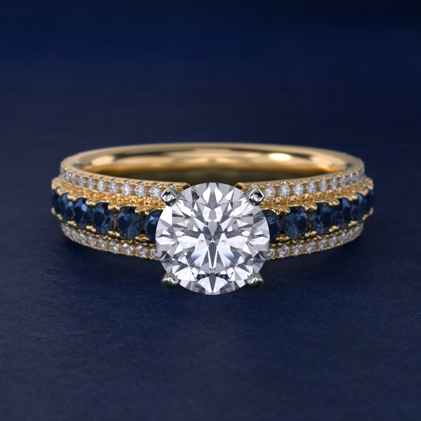 Three Row Sapphire and Diamond Engagement Ring in 18k Yellow Gold (1/4 ct. tw.) - Round Center