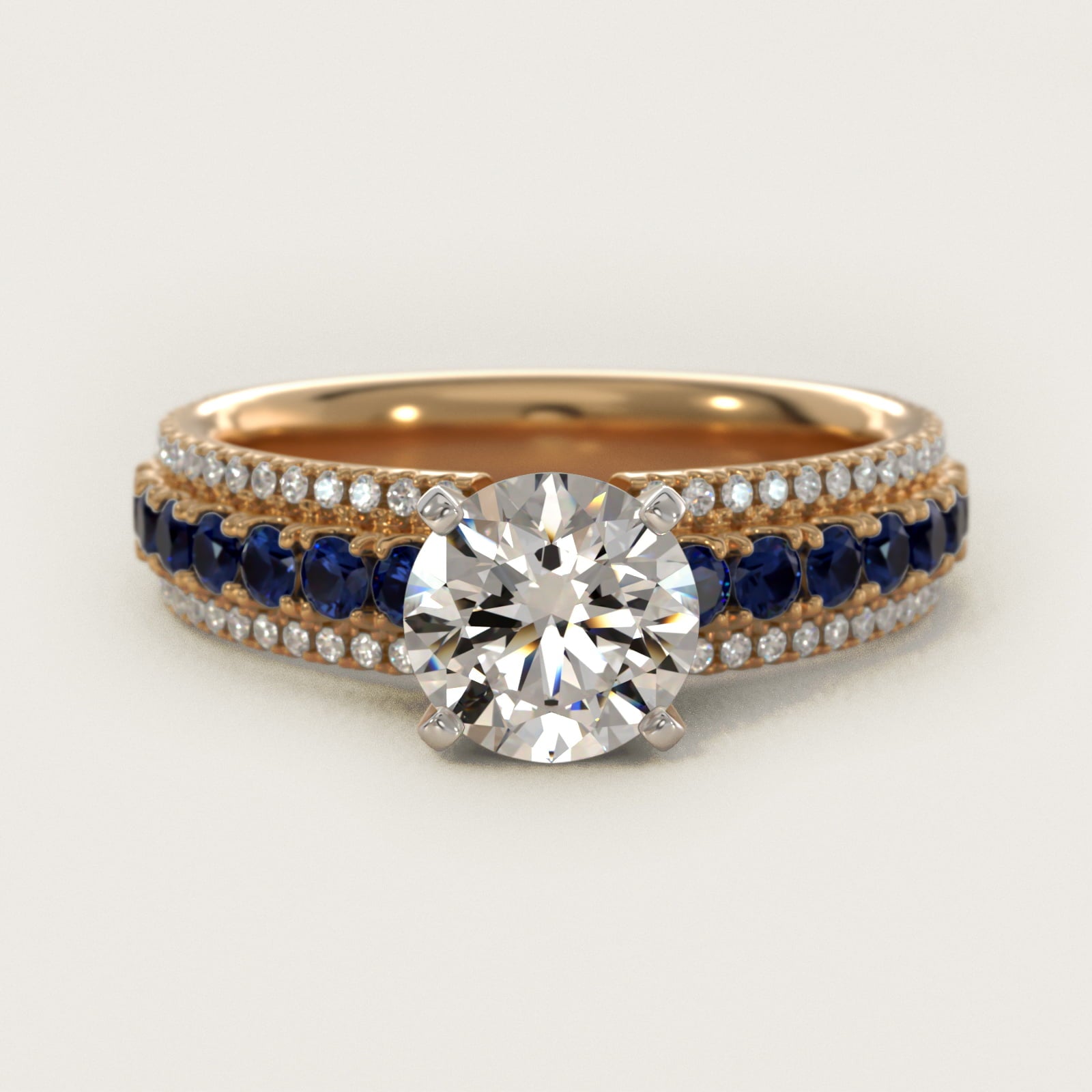 Three Row Sapphire and Diamond Engagement Ring in 18k Yellow Gold (1/4 ct. tw.) - Round Center