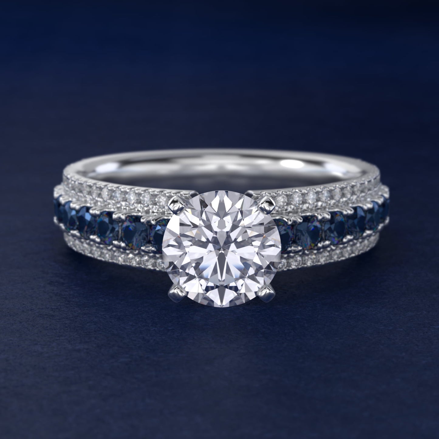 Three Row Sapphire and Diamond Engagement Ring in Platinum (1/4 ct. tw.) - Round Center