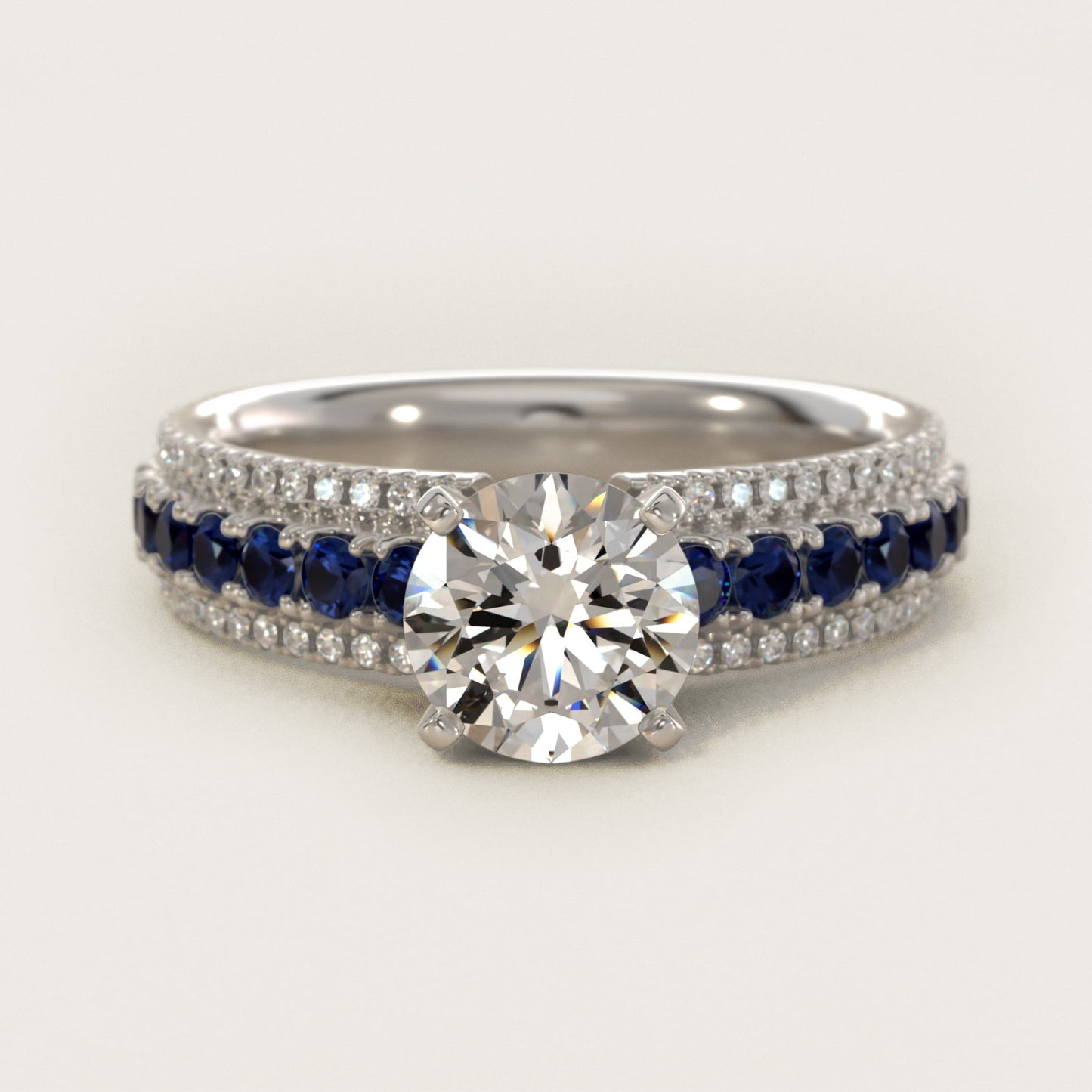Three Row Sapphire and Diamond Engagement Ring in Platinum (1/4 ct. tw.) - Round Center