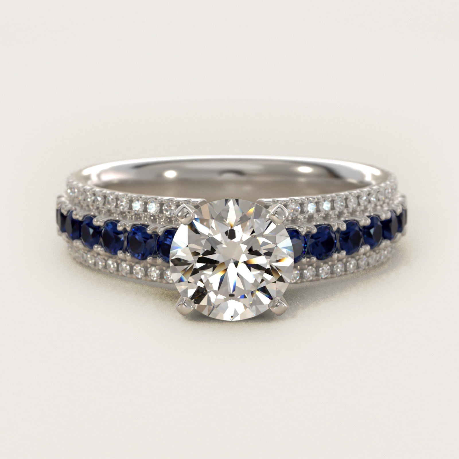 Three Row Sapphire and Diamond Engagement Ring in Platinum (1/4 ct. tw.) - Round Center