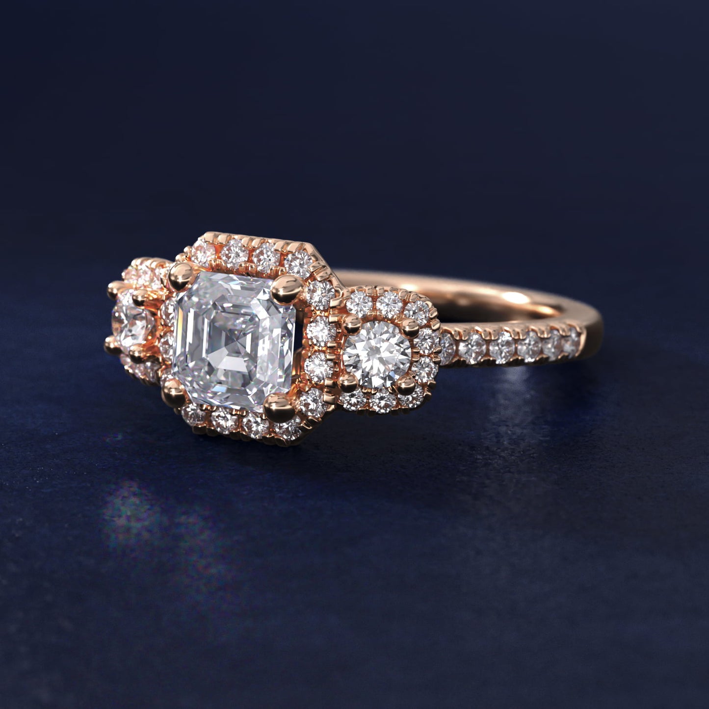Three-Stone Cushion Halo Diamond Engagement Ring in 14k Rose Gold - Asscher Center