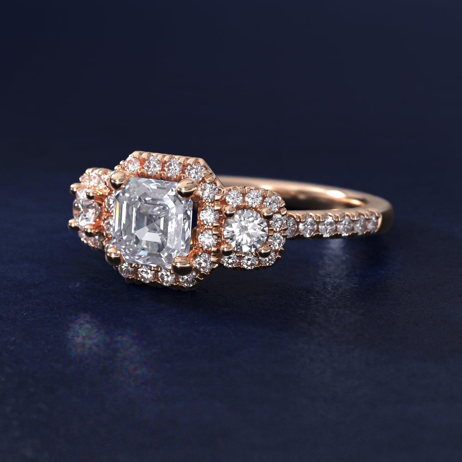 Three-Stone Cushion Halo Diamond Engagement Ring in 18k Rose Gold - Asscher Center