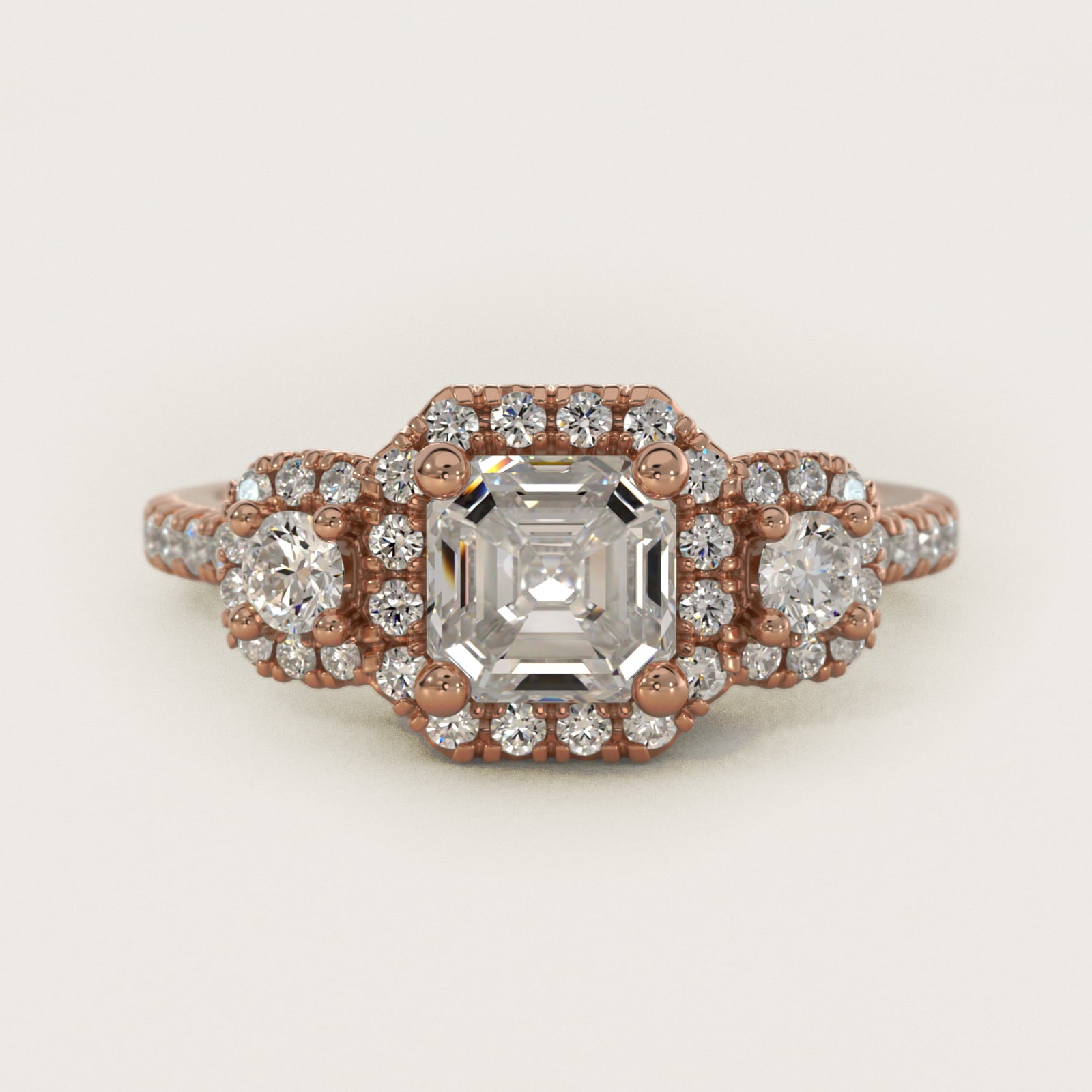 Three-Stone Cushion Halo Diamond Engagement Ring in 14k Rose Gold - Asscher Center