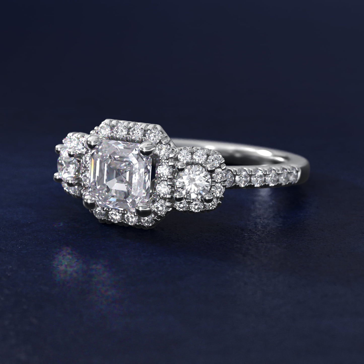 Three-Stone Cushion Halo Diamond Engagement Ring in 18k White Gold - Asscher Center