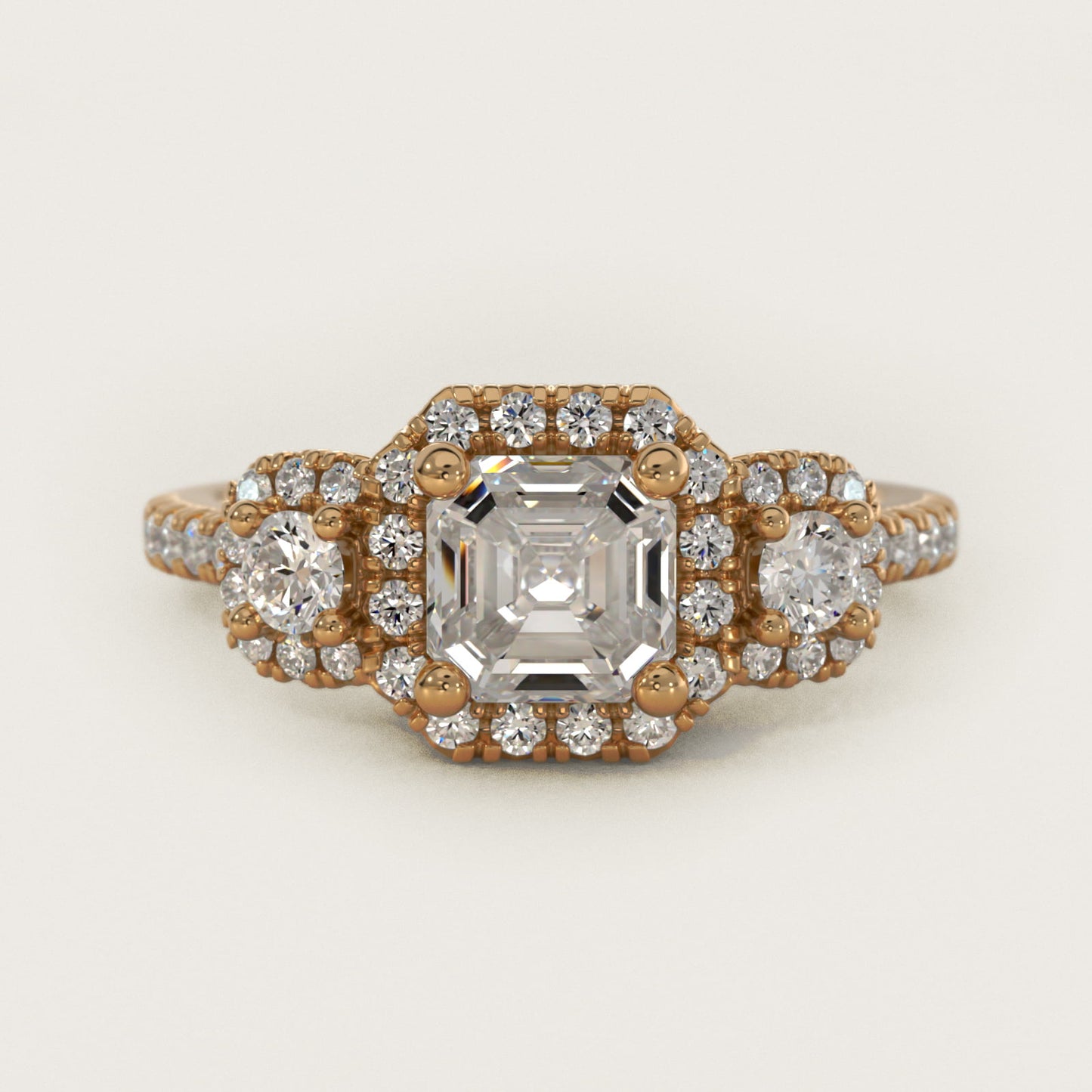 Three-Stone Cushion Halo Diamond Engagement Ring in 14k Yellow Gold - Asscher Center