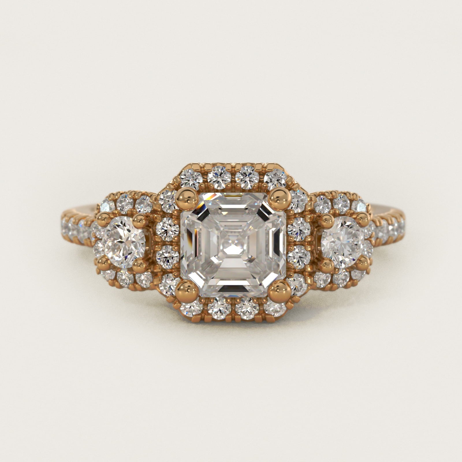 Three-Stone Cushion Halo Diamond Engagement Ring in 14k Yellow Gold - Asscher Center