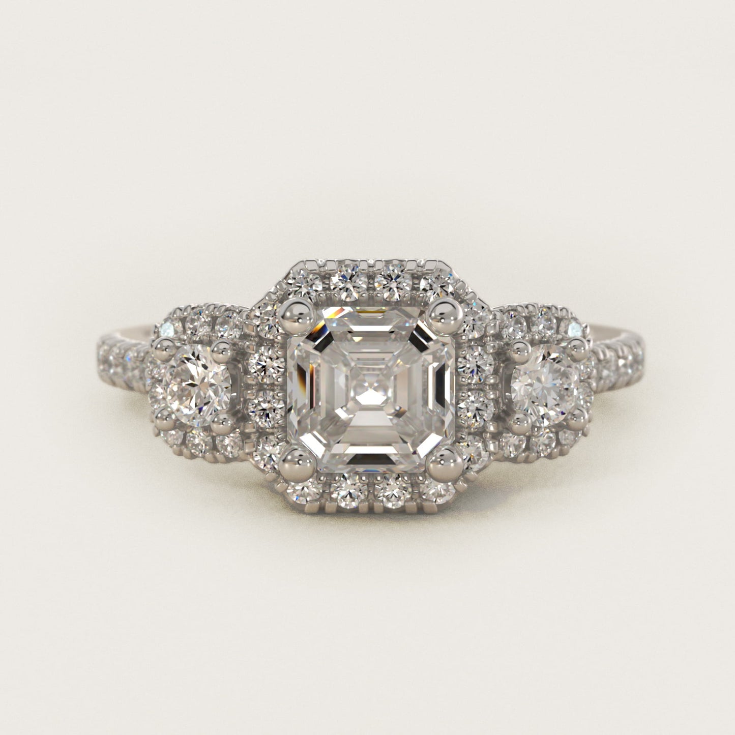 Three-Stone Cushion Halo Diamond Engagement Ring in Platinum - Asscher Center