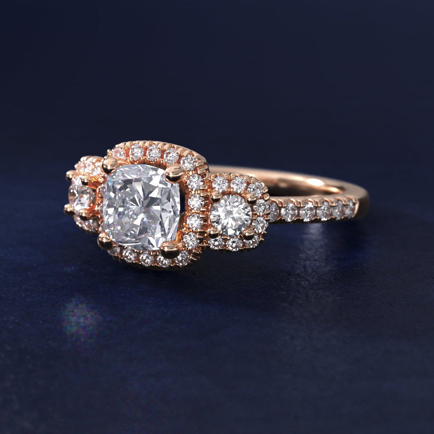 Three-Stone Cushion Halo Diamond Engagement Ring in 18k Rose Gold - Cushion Center