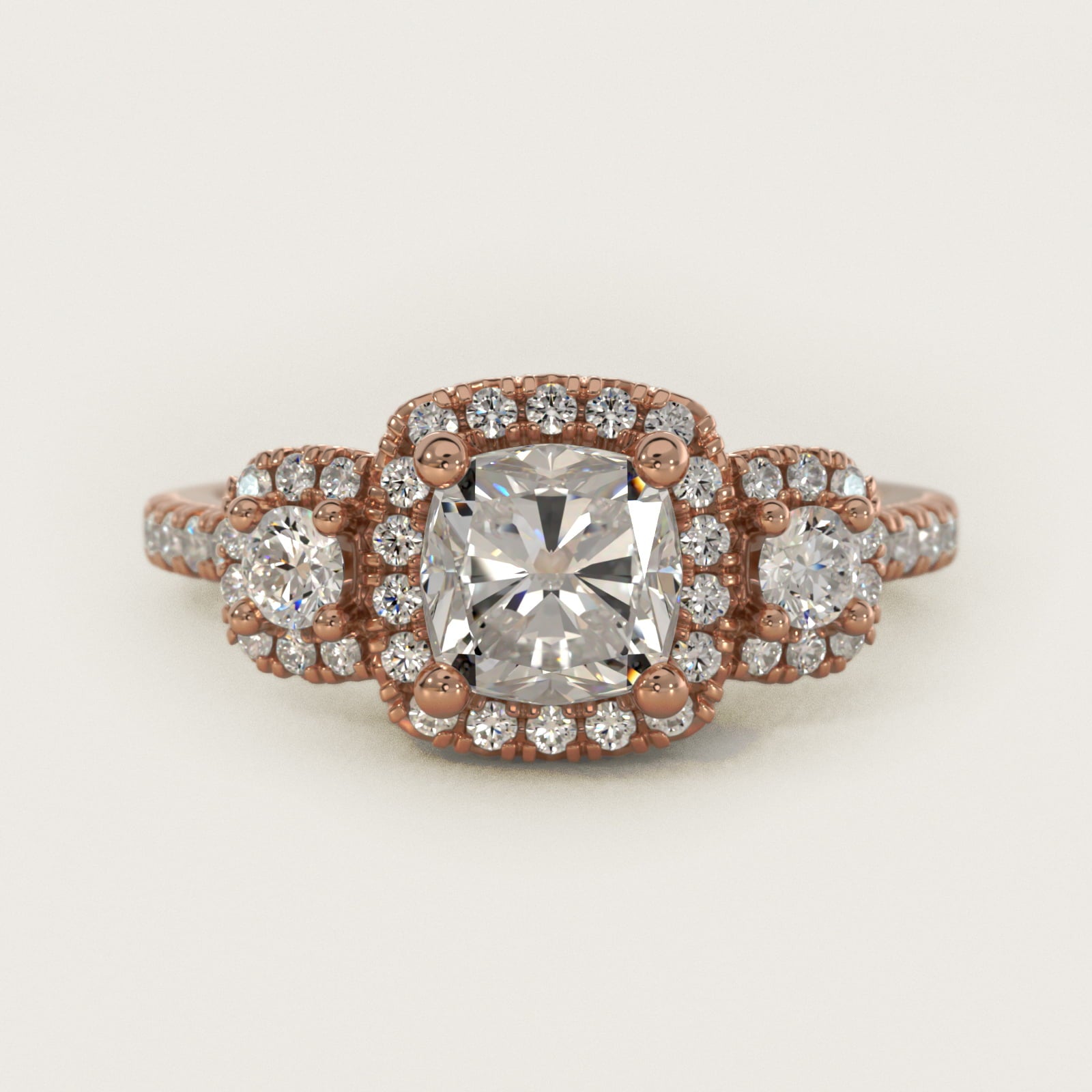 Three-Stone Cushion Halo Diamond Engagement Ring in 18k Rose Gold - Cushion Center