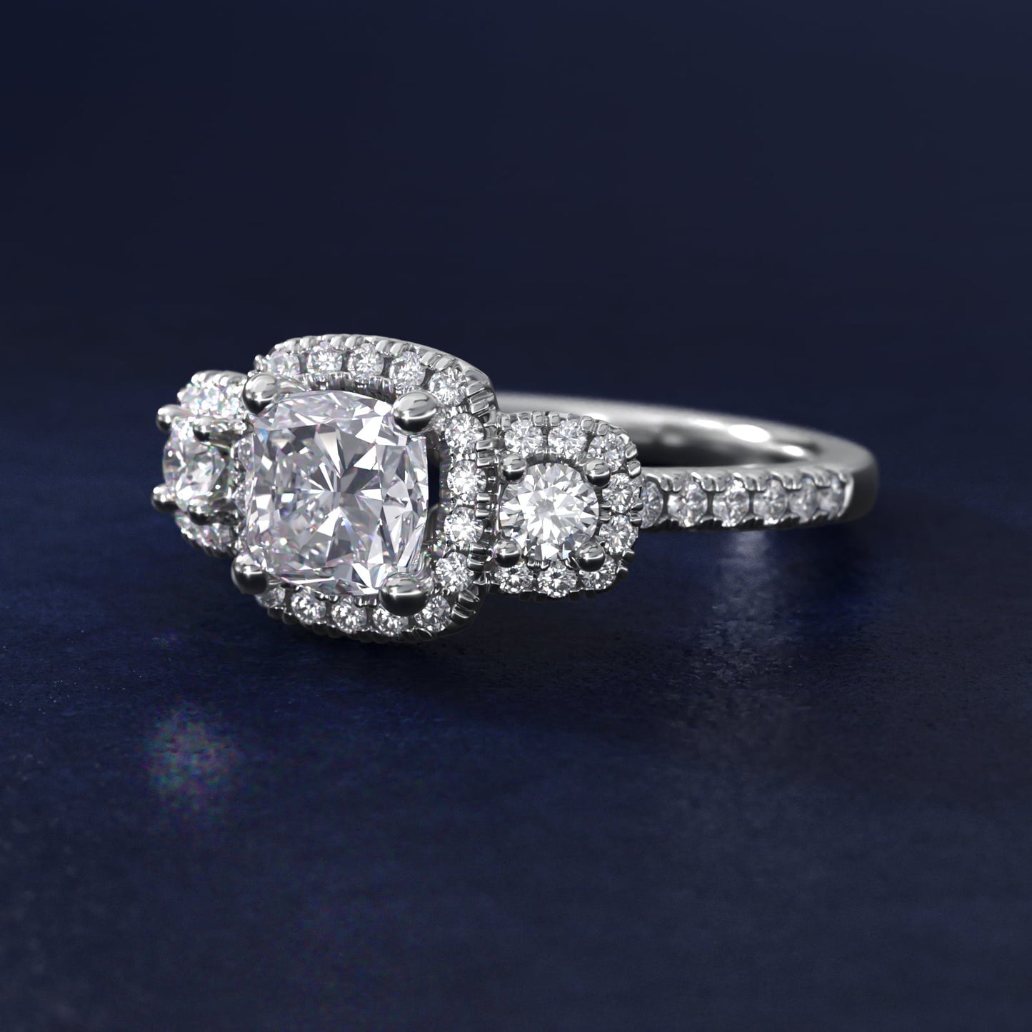 Three-Stone Cushion Halo Diamond Engagement Ring in 18k White Gold - Cushion Center