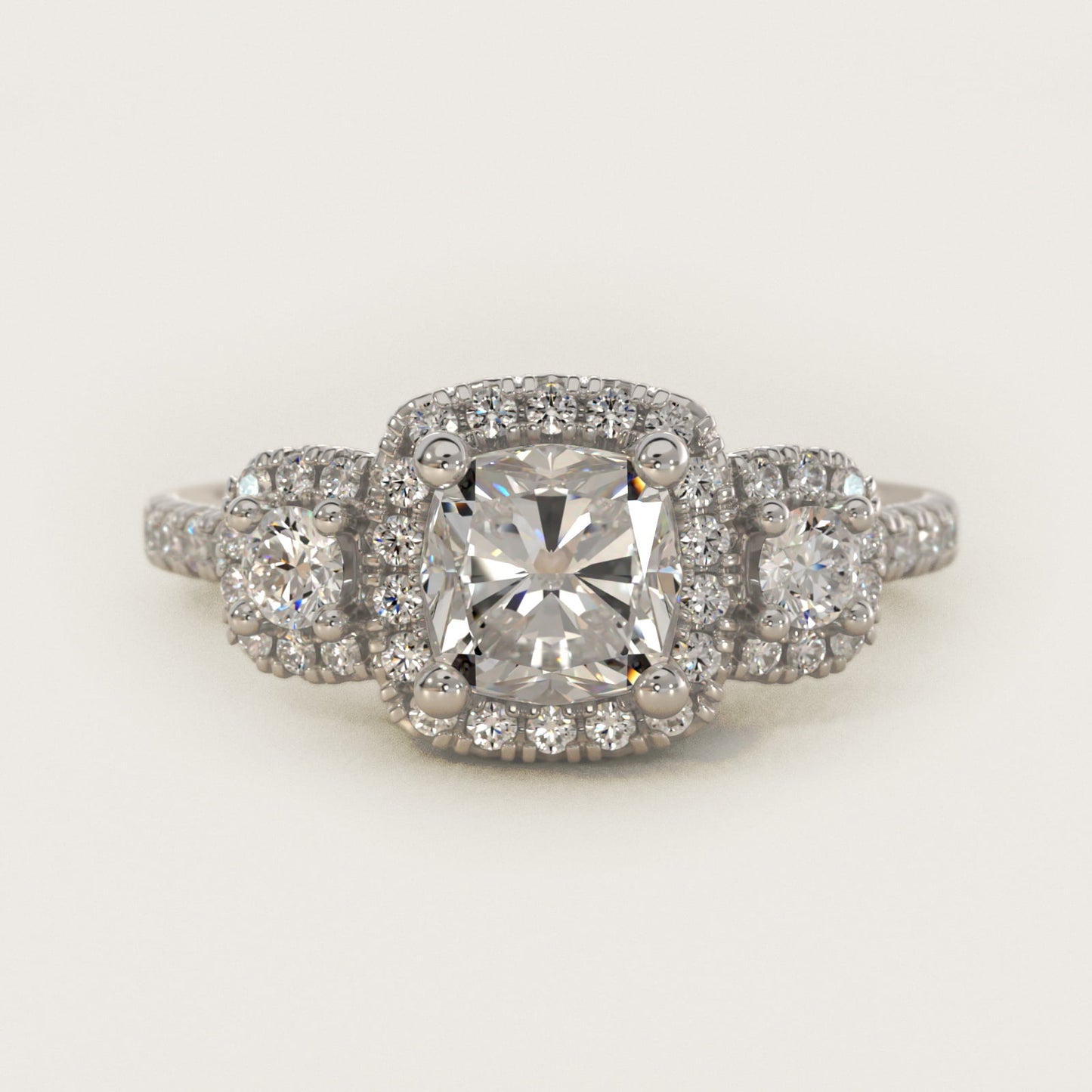 Three-Stone Cushion Halo Diamond Engagement Ring in 18k White Gold - Cushion Center