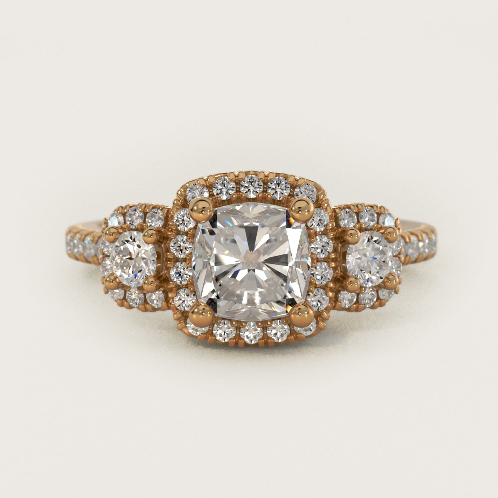Three-Stone Cushion Halo Diamond Engagement Ring in 14k Yellow Gold - Cushion Center
