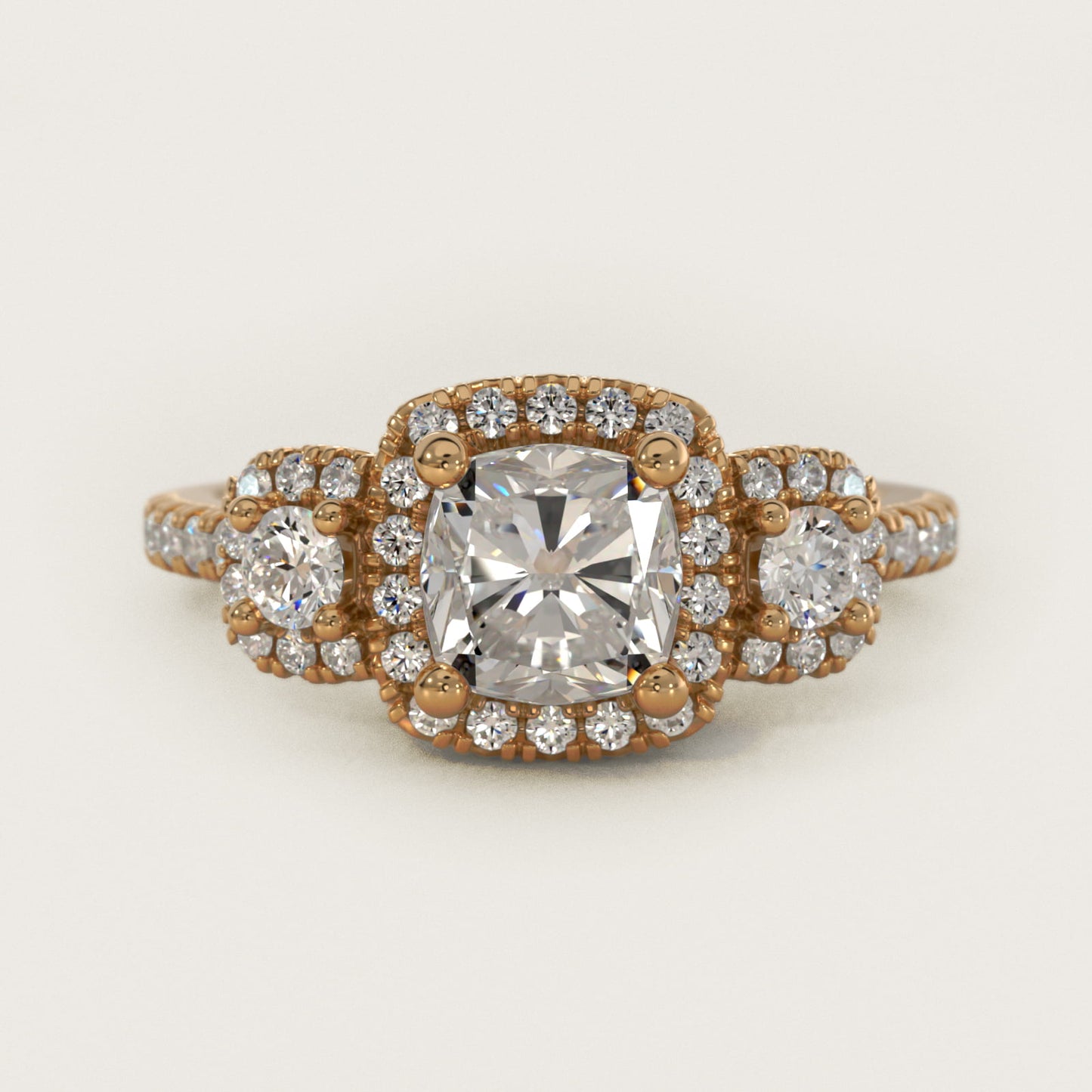Three-Stone Cushion Halo Diamond Engagement Ring in 18k Yellow Gold - Cushion Center