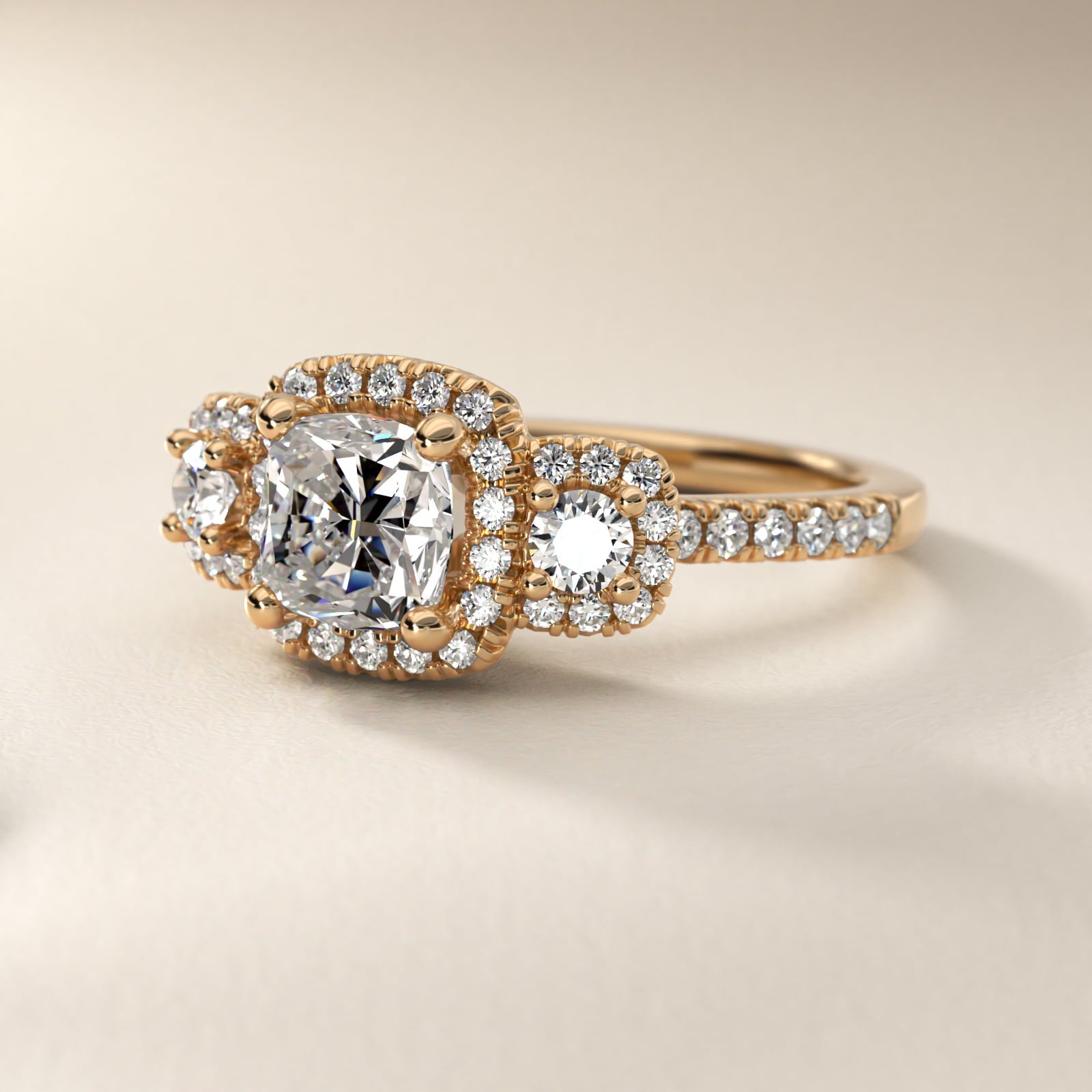 Three-Stone Cushion Halo Diamond Engagement Ring in 18k Yellow Gold - Cushion Center