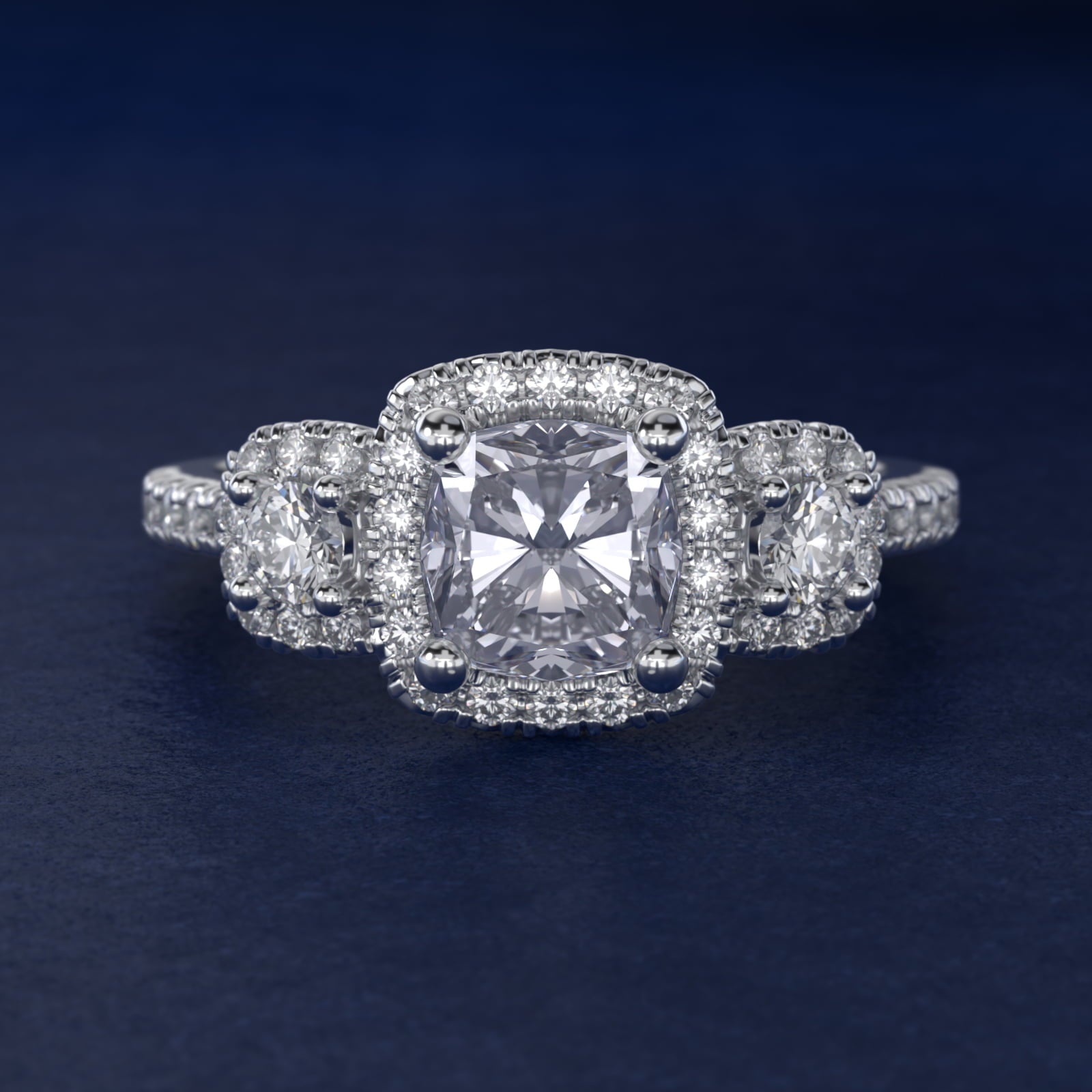 Three-Stone Cushion Halo Diamond Engagement Ring in Platinum - Cushion Center