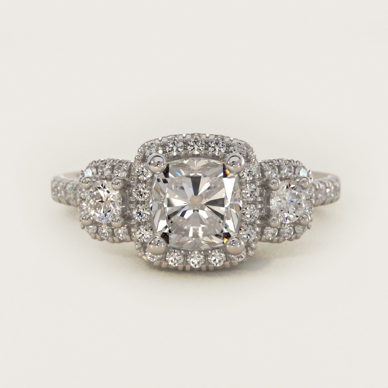 Three-Stone Cushion Halo Diamond Engagement Ring in Platinum - Cushion Center