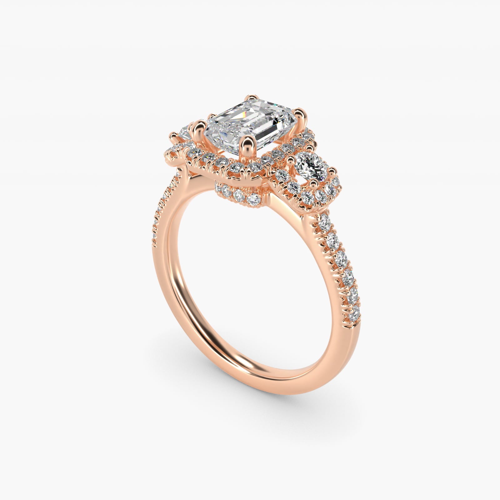 Three-Stone Cushion Halo Diamond Engagement Ring in 18k Rose Gold - Emerald Center