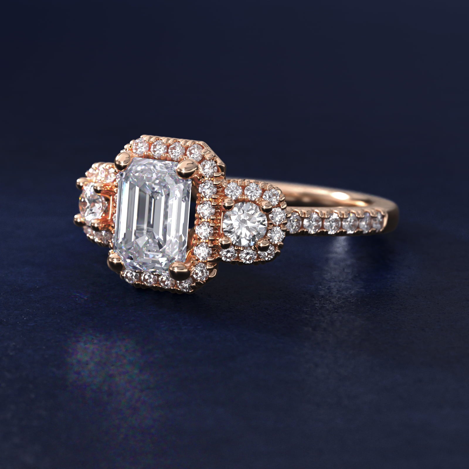 Three-Stone Cushion Halo Diamond Engagement Ring in 18k Rose Gold - Emerald Center