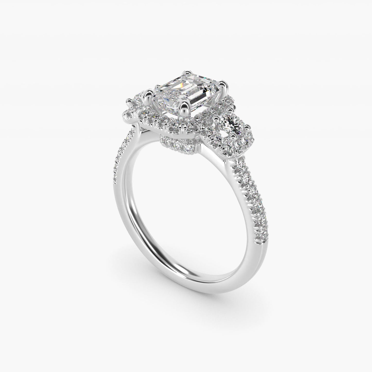 Three-Stone Cushion Halo Diamond Engagement Ring in 14k White Gold - Emerald Center