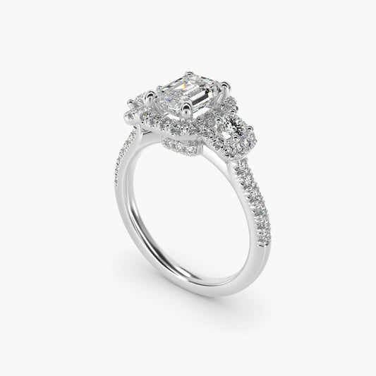 Three-Stone Cushion Halo Diamond Engagement Ring in 14k White Gold - Emerald Center